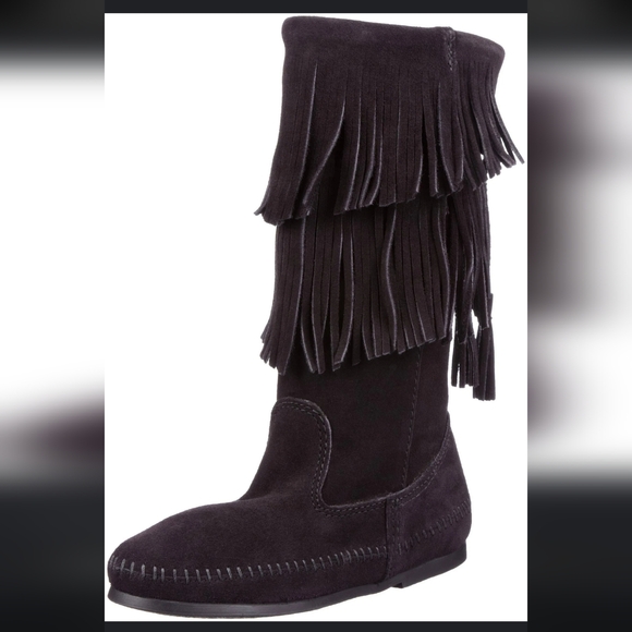 Minnetonka Black Fringe Moccasins - Picture 1 of 6